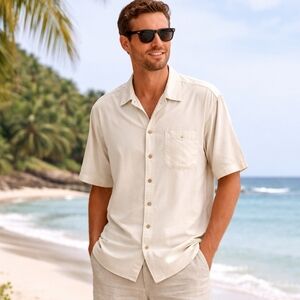 Tommy Bahama 100% Silk Button Down Shirt XL Cream Short Sleeve Casual